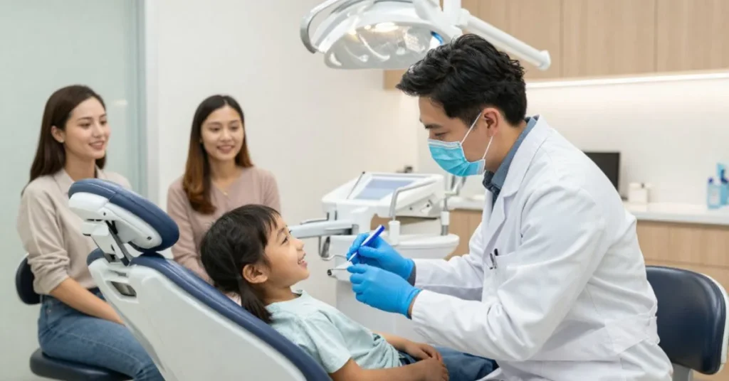 Family dental clinic in Buford dentist examining smiling child with parents