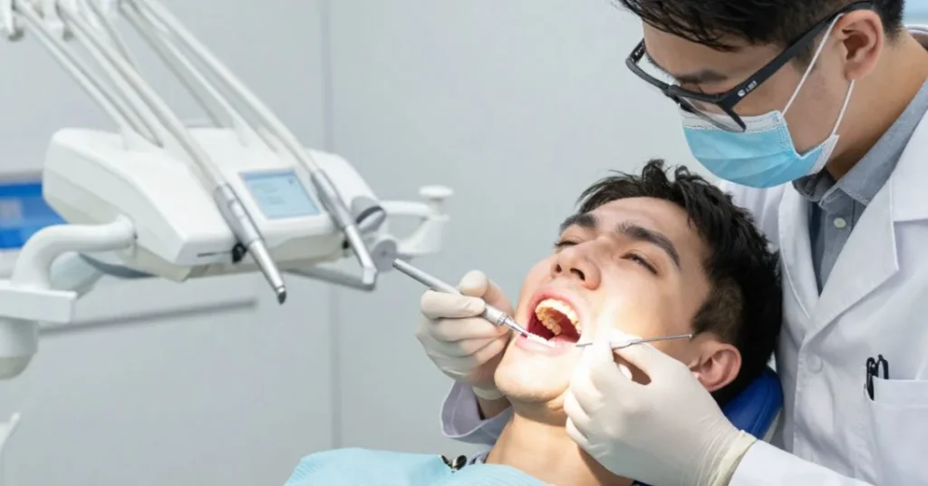 Dentist performing emergency root canal treatment on patient with tooth pain